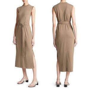 $245 Vince Cotton Sleeveless Wrap Midi Dress Shale Beige Tan Sleeveless Small